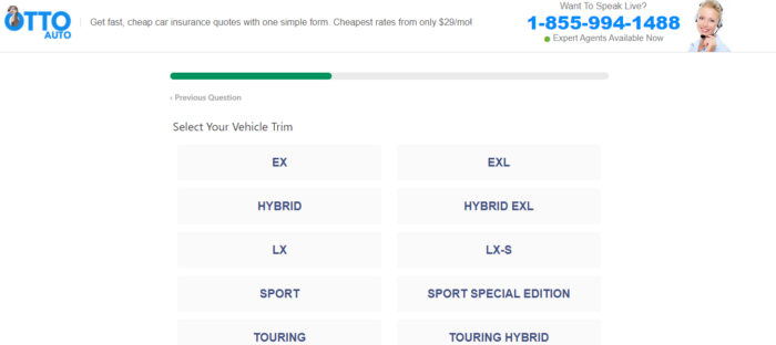 Otto insurance quote form asking for vehicle trim