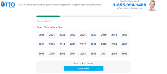 Otto insurance quote form asking for vehicle year