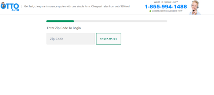 Otto insurance quote form asking for ZIP code