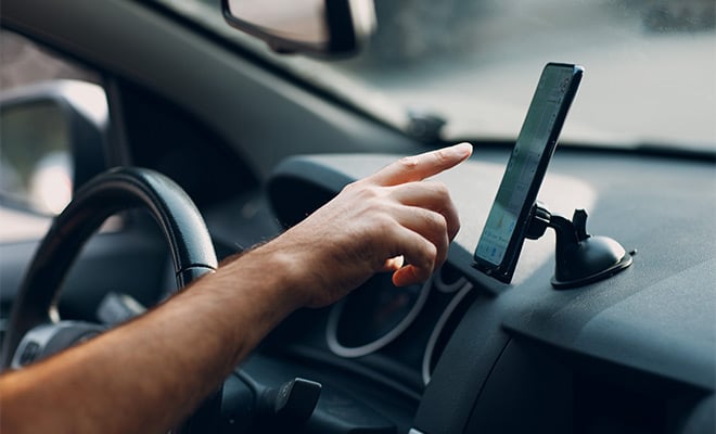 Phone mounted on car dash